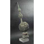 BAMUM PEOPLE PIPE, Cameroon, bronze, cast with figurative detail, 74cm H plus display stand.