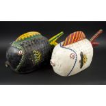 FISH MARIONETTE HEADDRESSES, two similar, Bamana people, carved wood and colourfully painted,