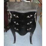 SMALL COMMODE, in black, three drawers with marble top, 73cm H.