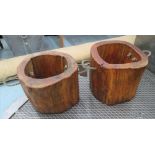 GARDEN PLANTERS, a pair, wooden tree trunk with rope handles, 37cm H x 40cm.