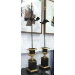 TABLE LAMPS, a pair, Classical style twin branch in metal, 86cm H.