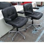 GORDON RUSSELL DESK CHAIRS, a pair, reclining and revolving, in black buttoned leather,