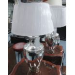 TABLE LAMPS, a pair, in chromed finished with shades, 73cm H.