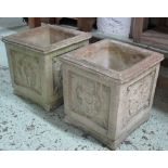 GARDEN PLANTERS, a pair, weathered composite stone of square and foliate design, 44cm H x 40cm.