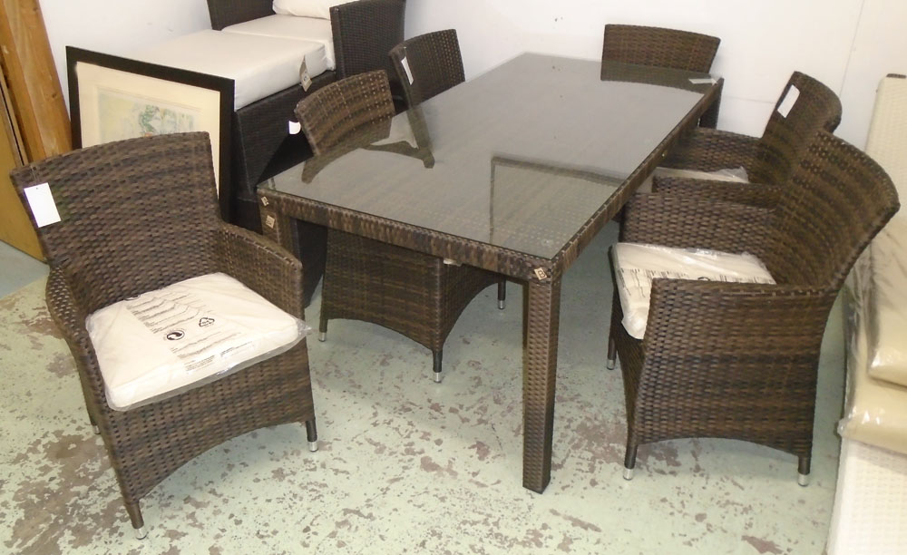 GARDEN TABLE, in synthetic rattan with glass top on square supports, 180cm x 90cm x 75cm H,