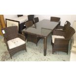 GARDEN TABLE, in synthetic rattan with glass top on square supports, 180cm x 90cm x 75cm H,