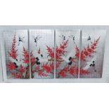 ORIENTAL LACQUER PANELS, four, depicting cranes in blossoming trees with silverleaf background,