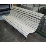 GARDEN BENCH, slatted wood on ornate metal frame, 180cm L.