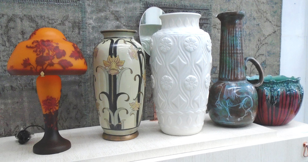 TABLE LAMP, Galle style plus jardiniere two vases and large jug various sizes, largest 55cm H.