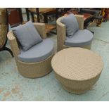 BALCONY SET, in synthetic rattan, with a pair of tub chairs with cushions and circular table,