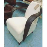 ART DECO STYLE OPEN ARMCHAIR, with beige upholstery on short ebonised supports, 71cm W x 81cm H.