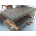 LOW TABLE, faux slate top on wooden X frame end supports, 135cm x 46cm H x 75cm.