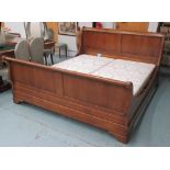 SLEIGH BED, 6ft in oak with Vi spring base by Barre Duque France label on headboard (no mattress).