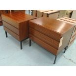 BEDSIDE CHESTS, a pair, Danish style rosewood each with three drawers and metal supports,