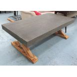 LOW TABLE, faux slate top on wooden X frame end supports, 135cm x 46cm H x 75cm.