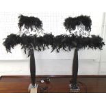 TABLE LAMPS, a pair, of reeded column with feather boa shades, 72cm H.