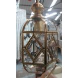 CEILING LIGHT, with bevelled glass, in a brass effect frame, 35cm H plus chain.