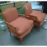 SALON CHAIRS, a pair, in red geometric pattern upholstery on ornate carved frame, 70cm W.