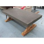 LOW TABLE, faux slate top on wooden X frame end supports, 135cm x 46cm H x 75cm.