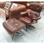 LOUNGE CHAIR, Charles Eames style in tanned leather with matching ottoman, 85cm W.