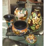 GOUDA VASE AND PIN JAR, plus three similar vases various sizes, largest 33cm H.