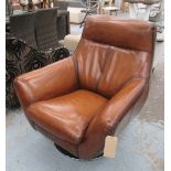 EASY ARMCHAIR, 1970s design, tan brown leather upholstered revolving on circular chrome base,