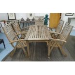 GARDEN TABLE, rectangular slatted teak with five matching reclining armchairs,