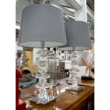 LAMPS, a pair, glass ovals on rectangular chrome effect bases, with round grey shades.