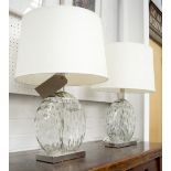 LAMPS, a pair, round rippled glass on chrome effect rectangular bases, with round cream shades,