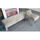STOOL AND BOUDOIR CHAIR, with silver coloured upholstery, on silver painted supports,