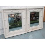 WALL MIRRORS, a pair, with rectangular bevelled glass plates and white painted frames,