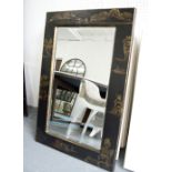 WALL MIRROR, ebonised finish with chinoiserie suggestions, bevelled glass, 90cm x 60cm.