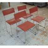 DINING CHAIRS, set of four, in tanned leather on chromed metal tubular frames, 45cm W.