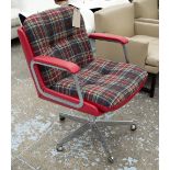 EAMES STYLE DESK CHAIR, aluminium frame, with swivel seat in red leather and tartan upholstery,