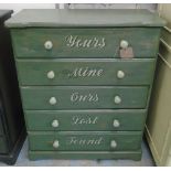 CHEST, having five long drawers with knob handles, hand painted with 'Yours', 'Mine', 'Ours',