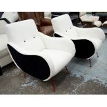 ARMCHAIRS, a pair, 1950s style, newly upholstered in white with black velvet sides,