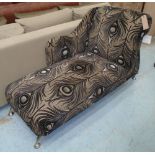 CHAISE LONGUE, in peacock design fabric on metal supports, 145cm L.