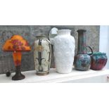 TABLE LAMP, Galle style, plus a jardiniere, two vases and large jug, various sizes,