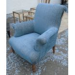 ARMCHAIR, upholstered in blue fabric, sprung seat, 80cm W x 69cm D x 91cm H.