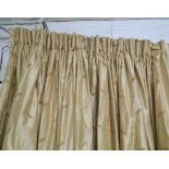 CURTAINS, a pair, in gold coloured silk with fern decoration, lined and interlined,