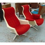 SWIVEL ARMCHAIRS, a pair, 1960's cream resin with red velvet buttoned upholstery.