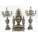 CLOCK GARNITURE, of Louis XVI design, decorative brass and marble, quartz movement, 52cm H (clock),