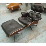 LOUNGER AND STOOL, Charles Eames design buttoned black leather and bentwood veneered plywood frame,