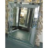 WALL MIRROR, Venetian style, of cushion form rectangular with etched marginal plates,