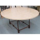 DINING TABLE, with an oval travertine top on a metal base, 179cm L x 75cm H x 139.5cm.