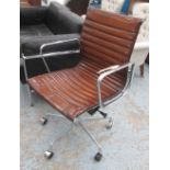 REVOLVING DESK CHAIR, Charles Eames design, ribbed tan brown leather,