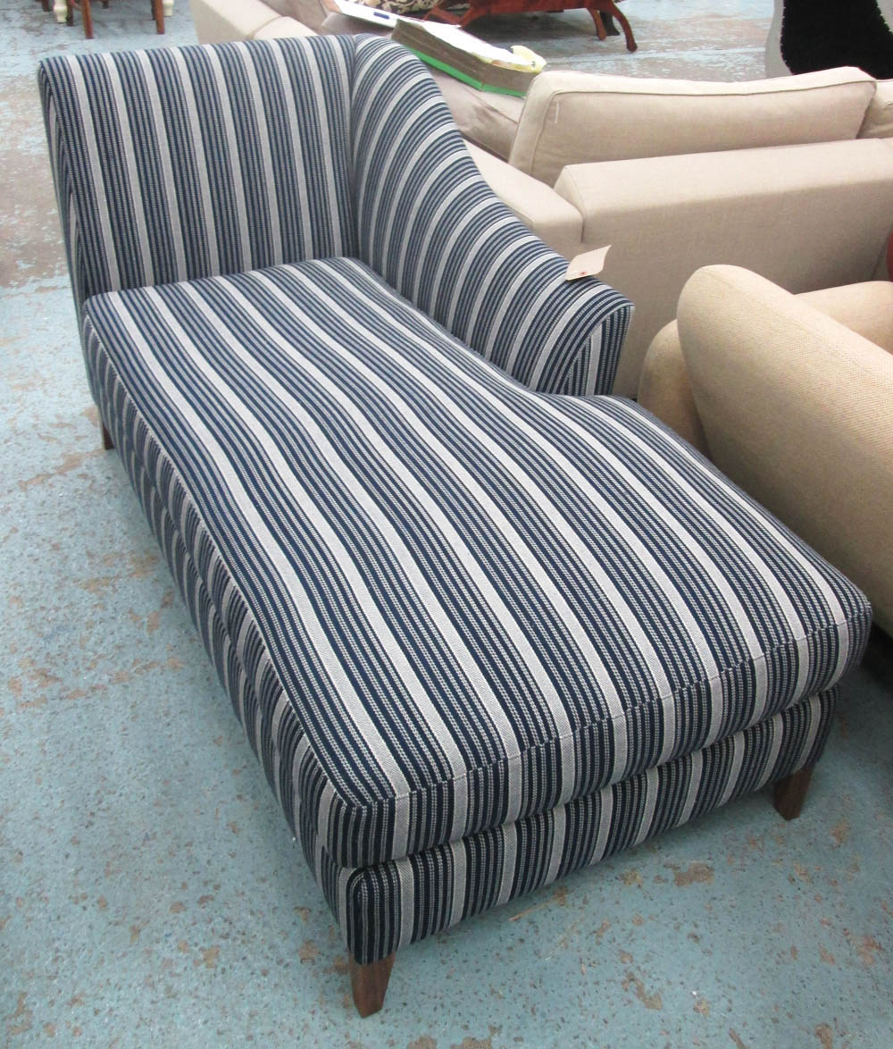 CHAISE LONGUE, in striped fabric on square supports by The Chair and Sofa Company, 150cm L.