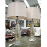 TABLE LAMPS, a pair, cracked mirror/églomisé on square perspex bases with natural coloured shades,