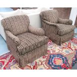 ARMCHAIRS, a pair, Howard style with brown striped upholstery, 73cm x 79cm H.