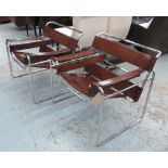 WASSILY ARMCHAIRS, a pair, after Marcel Breuer with stitched brown coach leather and chrome frames.